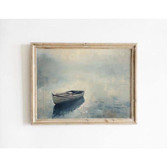 Rowboat Minimalist Lake Misty Neutral Coastal Japandi Artistic Decorative Design Statement Portrait Decor