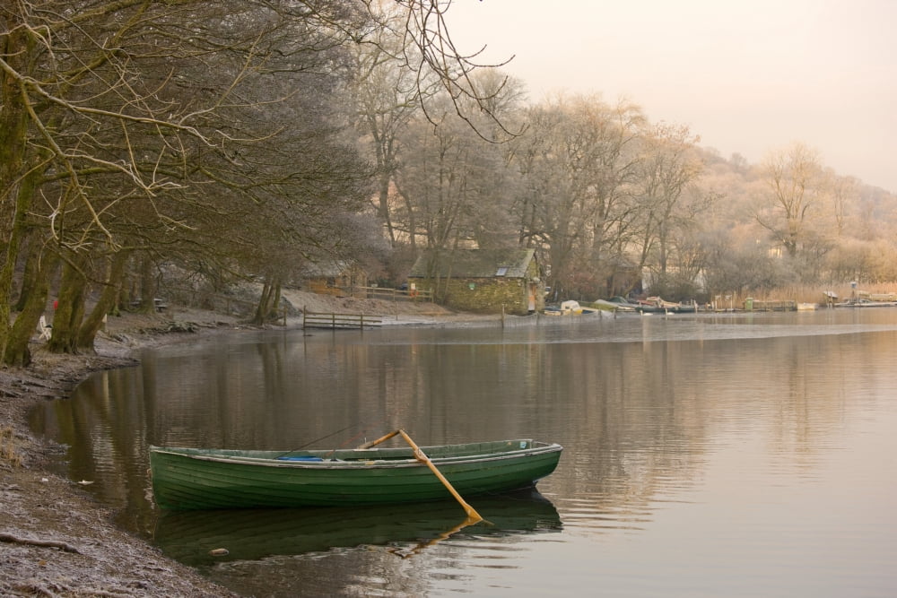 Rowboat Sitting At The Shore Of A Lake Cumbria England Canvas Art - John Short Design Pics (18 x 12)
