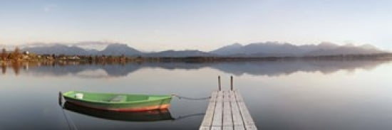 Rowboat moored at a jetty on Lake Hopfensee Ostallgau Bavaria Germany Canvas Art - Panoramic Images (36 x 12)