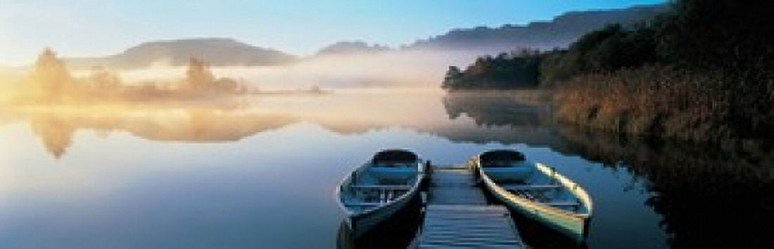 Rowboats at the lakeside English Lake District Grasmere Cumbria England Canvas Art - Panoramic Images (36 x 12)