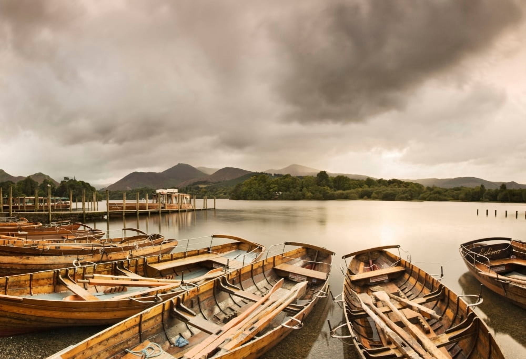 Rowboats on Derwentwater Lake District National Park Cumbria England Canvas Art - Panoramic Images (12 x 36)