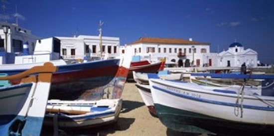 Rowboats on a harbor Mykonos Greece Canvas Art - Panoramic Images (24 x 12)