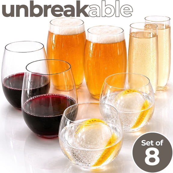 Rowdy Crowd Unbreakable Tritan Plastic Set of 8 - Wine Tumblers Plus 3 Shapes - BPA-Free Dishwasher Safe