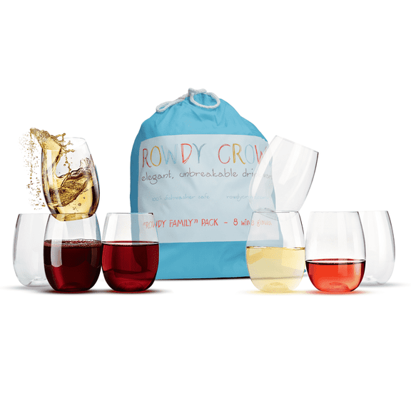 Rowdy Crowd Drinkware Family Wine Pack, 8 x 14oz unbreakable, stemless, Tritan tumblers.