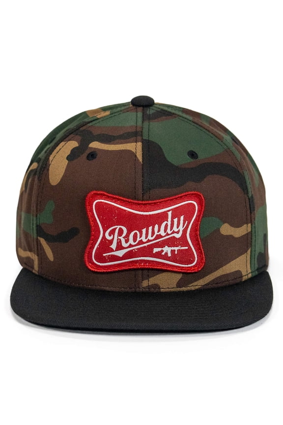Rowdy Patch Flat Bill Snapback Hat Woodland Bdu Camo / Black