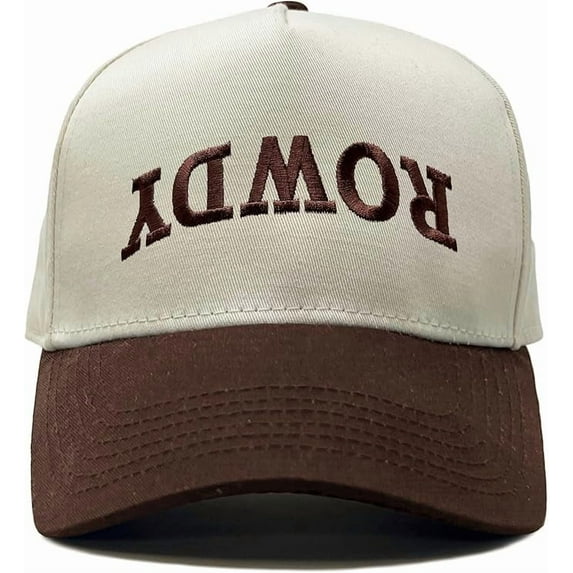 Funky Junque Trucker Hat – Vintage Two-Tone Snapback Baseball Cap with Embroidered Design - Rowdy (Upside Down) - Beige/Brown