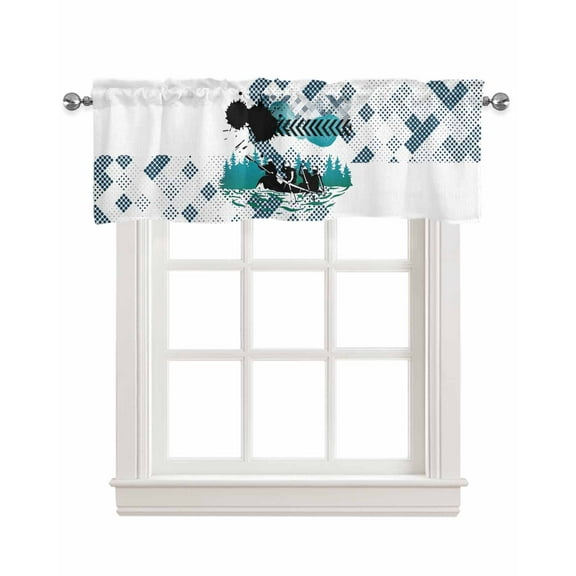 Rowers Linen Curtain Valance for Bedroom/Bathroom/Kitchen/Office/Living/Dining Room Window,Teal Black Geometric Modern Abstract Art Rod Pocket Topper Decorative Cafe Drapes Panel 54"x18"