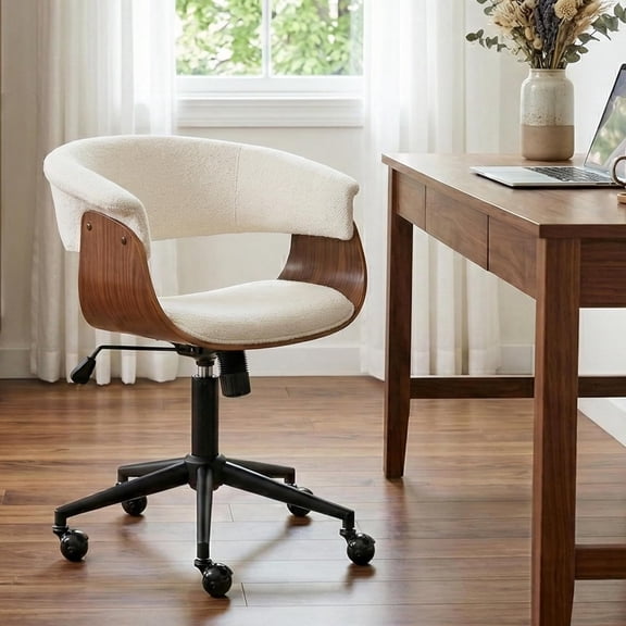 Rowill Home Office Chair with Rocking Function, Solid Wood  Curved Desk Chair with Wheels, Height Adjustable Swivel Task Chairs, Chenille Beige, Modern Walnut Style