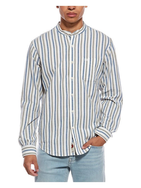 mens Casual Linen-Blend Band Collar Shirt, s, Blue