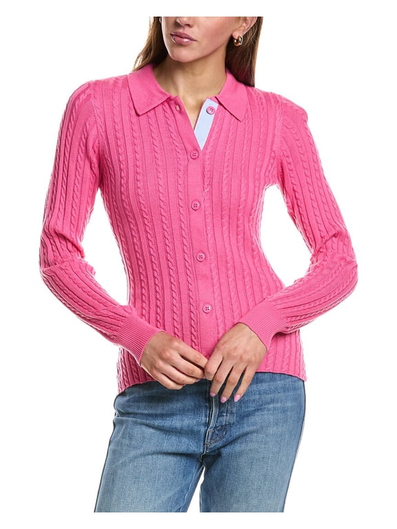 womens Cable Knit Collared Wool-Blend Cardigan, XL