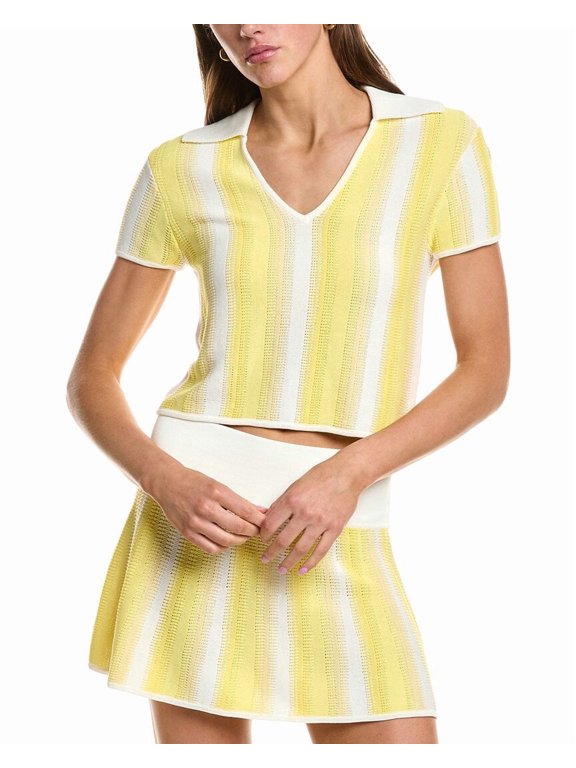 womens Knit Cropped Wool-Blend Polo Top, m, Yellow