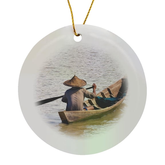 3drose, Rowing Boat on the Kaladan River, Rakhine State, Myanmar, Circle Porcelain Ornament