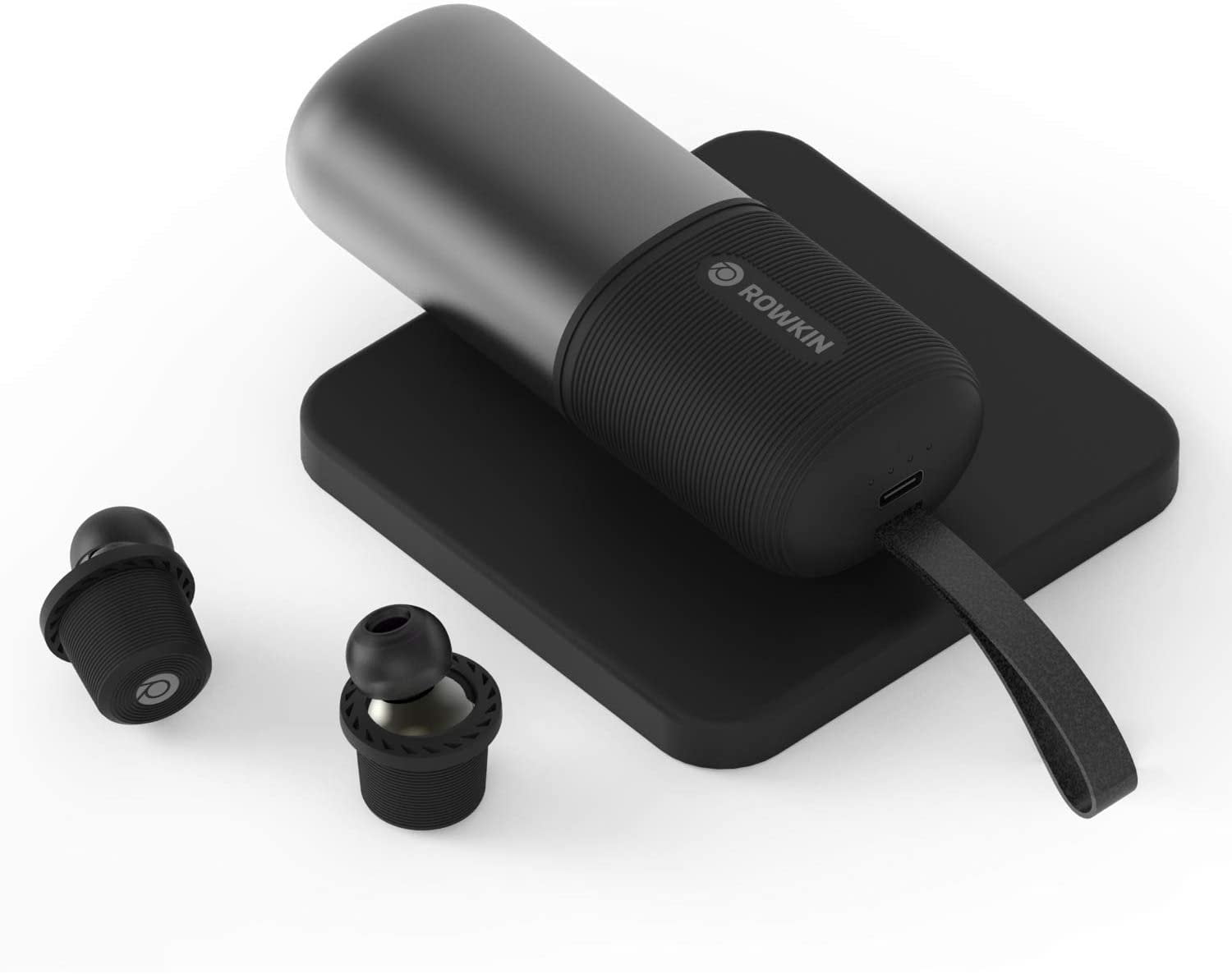 Rowkin Ascent Charge+ True Wireless Earbuds 50+ Hours, Qi Charging Case, Deep Bass, Mic, Black