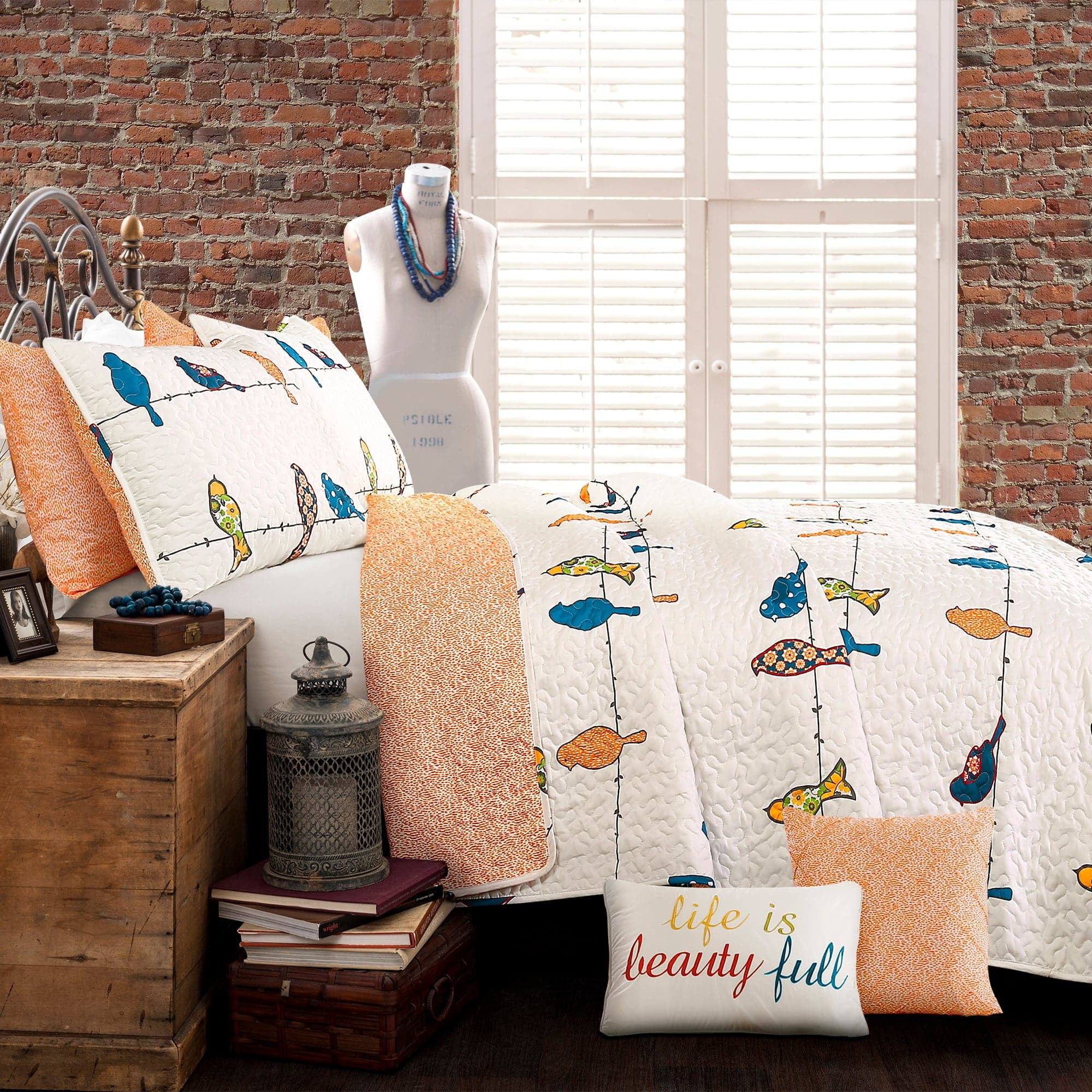 Rowley Birds 7-Piece King Quilt Set, Orange
