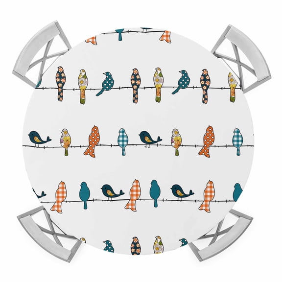 Rowley Birds Floral Pattern Elastic Fitted Round Table Cover Orange Gray Line Waterproof Outdoor Tablecloth for Holiday Party, Picnic, Patio & Dining Fits Tables Up to 55"-60"