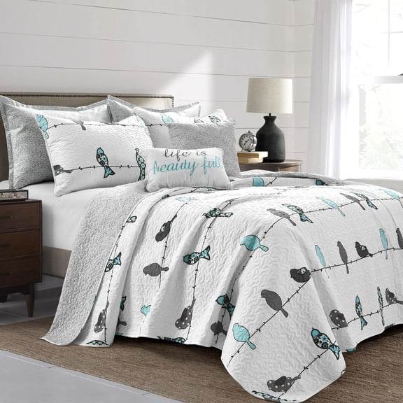 Rowley Birds Quilt Blue/Gray 7Pc Set Full/ Queen
