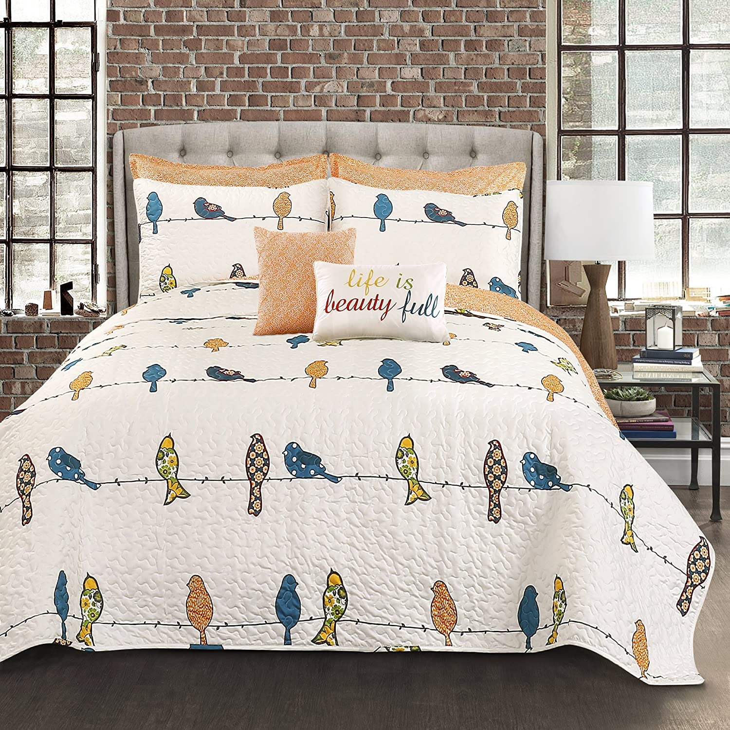Full/Queen Multi-Color Microfiber Reversible Quilt Set with Bird Print