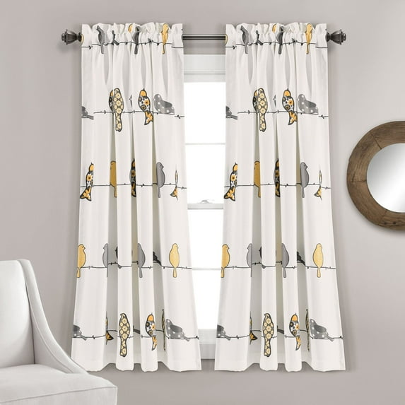 Rowley Birds Room Darkening Window Curtain Panels Yellow/Gray 52x63+2 Set