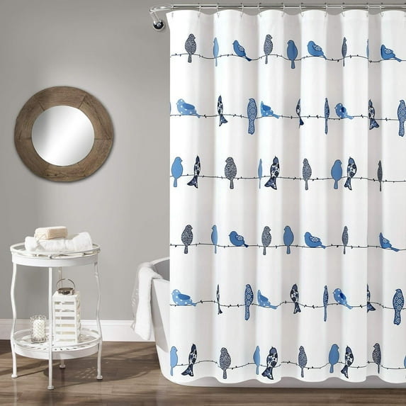 Rowley Birds Shower Curtain, 72\u201d W x 72\u201d L, Navy - Colorful Floral Bird Pattern - Whimsical & Playful Bird Shower Curtain - Farmhouse, Coastal, & Boho Bathroom Decor