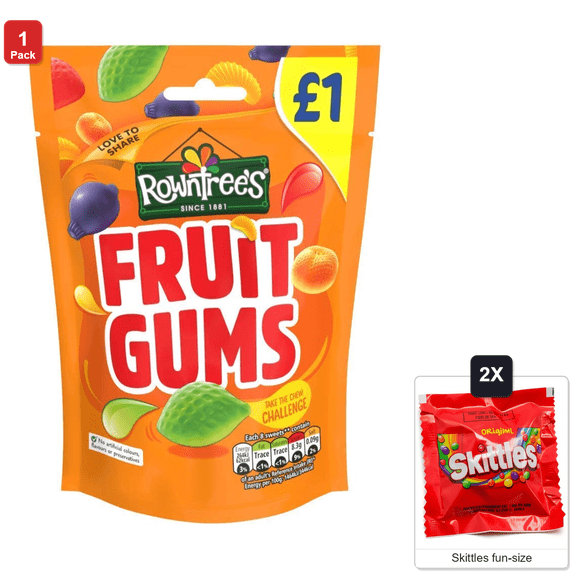 Rowntrees Fruit Gums, 6 Packs x 120 g Each, with 2 Skittles Fun Size