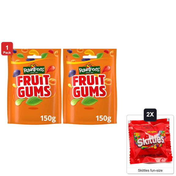 Rowntrees Fruit Gums Sweets Pouch, 2 Packs x 150 g Each, with 2 Skittles Fun Size
