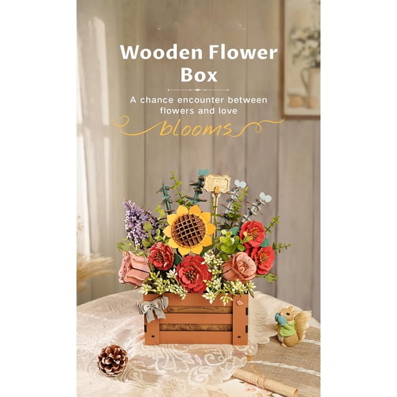 Rowood 3D Puzzles for Adults, Wooden Flower Building Set, Artificial Flowers Botanical Collection, Adult Craft Kit as Christmas Birthday Valentine Gift - Wooden Bloom Box