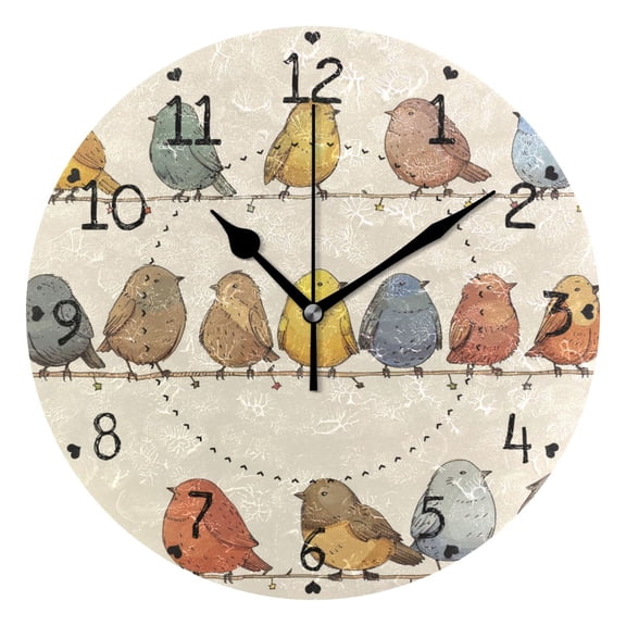 Rows Of Birds Cartoon Round Wall Clock Silent Analog Battery Operated Black Pointer Home Decor 9.84" Diameter