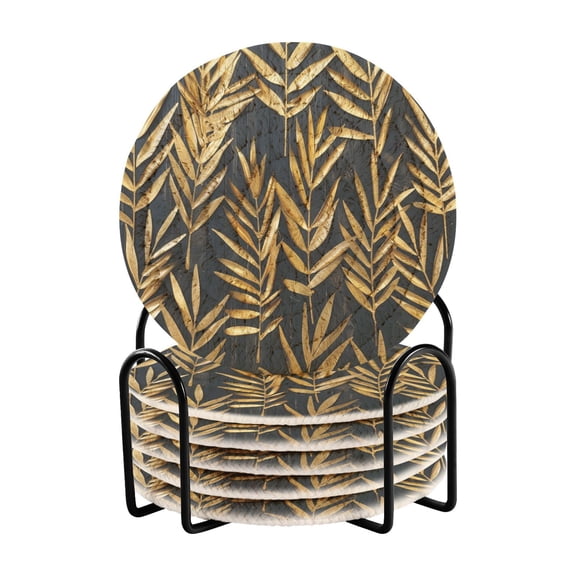 Rows Of Gold Palm Leaves Drinking Coasters Cup Mat with Holder for Kitchen Cafe Bar 6 Packs