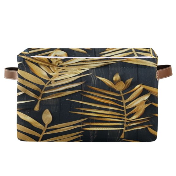 Rows Of Gold Palm Leaves Square Storage Bins with Handles Collapsible Containing Box 1 Pack