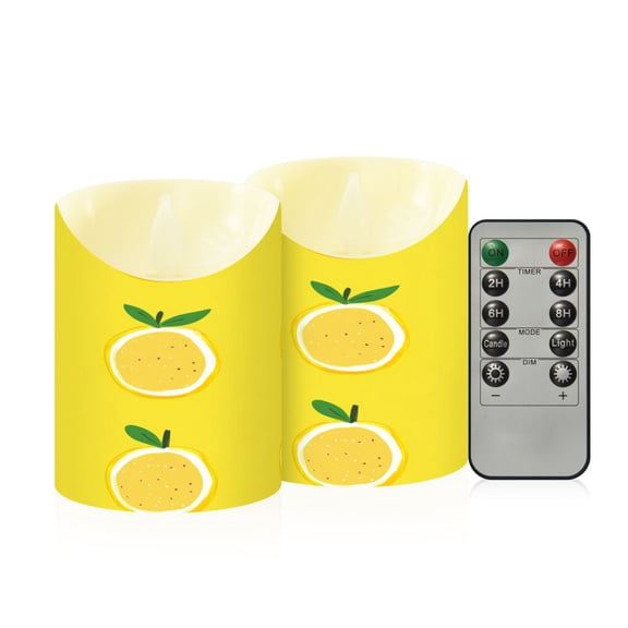 Rows Of Hand Drawn Lemons Leaves Flickering Flameless Candles with Remote Timer Battery Operated LED Tealight Set of 2 M