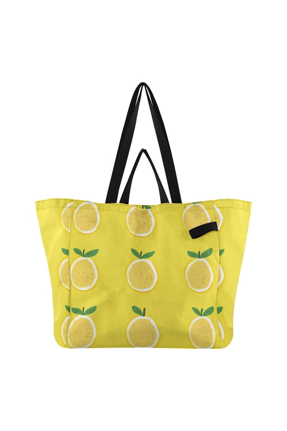 Rows Of Hand Drawn Lemons Leaves Foldable Canvas Tote Bags Reusable Grocery Bags Laundry Bags Beach Bag 32L