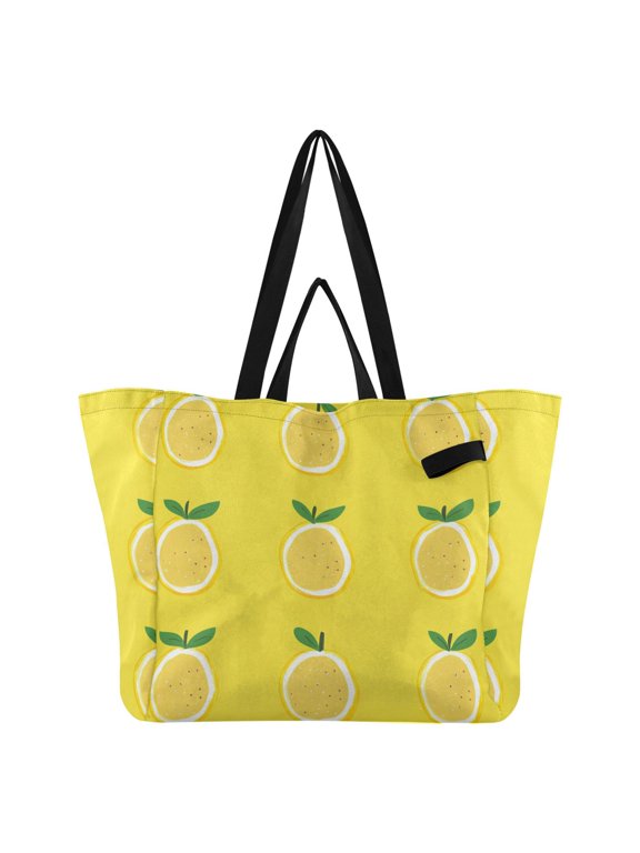 Rows Of Hand Drawn Lemons Leaves Foldable Canvas Tote Bags Reusable Grocery Bags Laundry Bags Beach Bag 32L