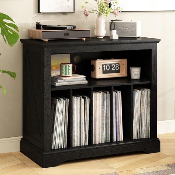RowyPoey Large Farmhouse Record Player Stand, Turntable Stand with Vinyl Storage, Wood Record Holder Storage Cabinet Dispaly Shelf for Living Room, Bedroom, Office, Black
