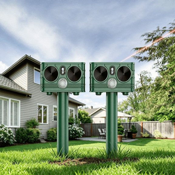 Rowyig 2-Pack Outdoor Solar-Powered Ultrasonic Animal Repellents with Strobe Light, suitable for skunks, raccoons, rabbits, dogs, squirrels, and other animals. Ideal for patios, gardens, and lawns.