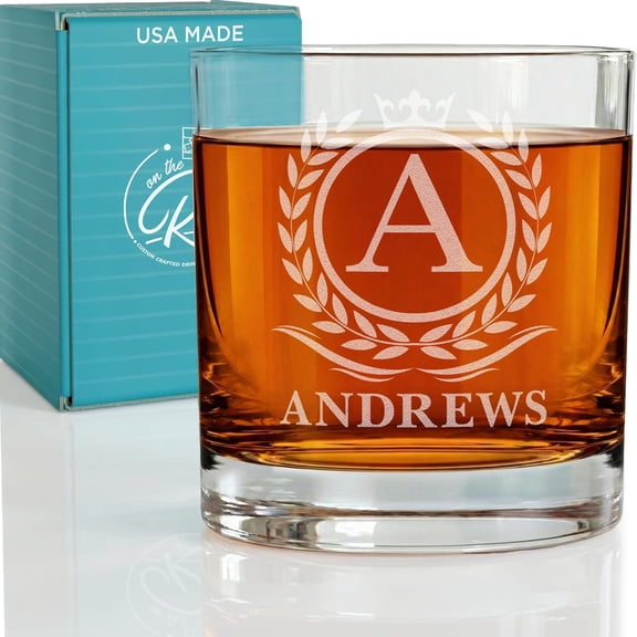 On The Rox Personalized Whiskey Glass – 11 oz Engraved Monogram Bourbon Scotch Groomsmen Dad Gift for Men – Custom Initial Name Old Fashioned Birthday Anniversary Rocks Glass (1)