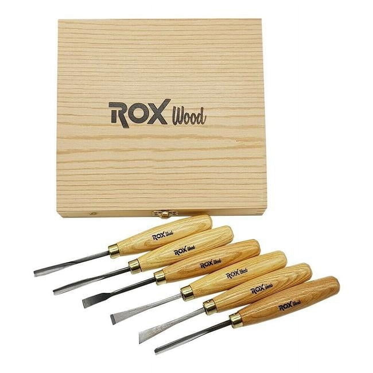 Rox Wood  Woodworking Wood Carving Tools Set with Brass Rings, CRV60 Blades in a Wooden Storage Case - 6 Piece