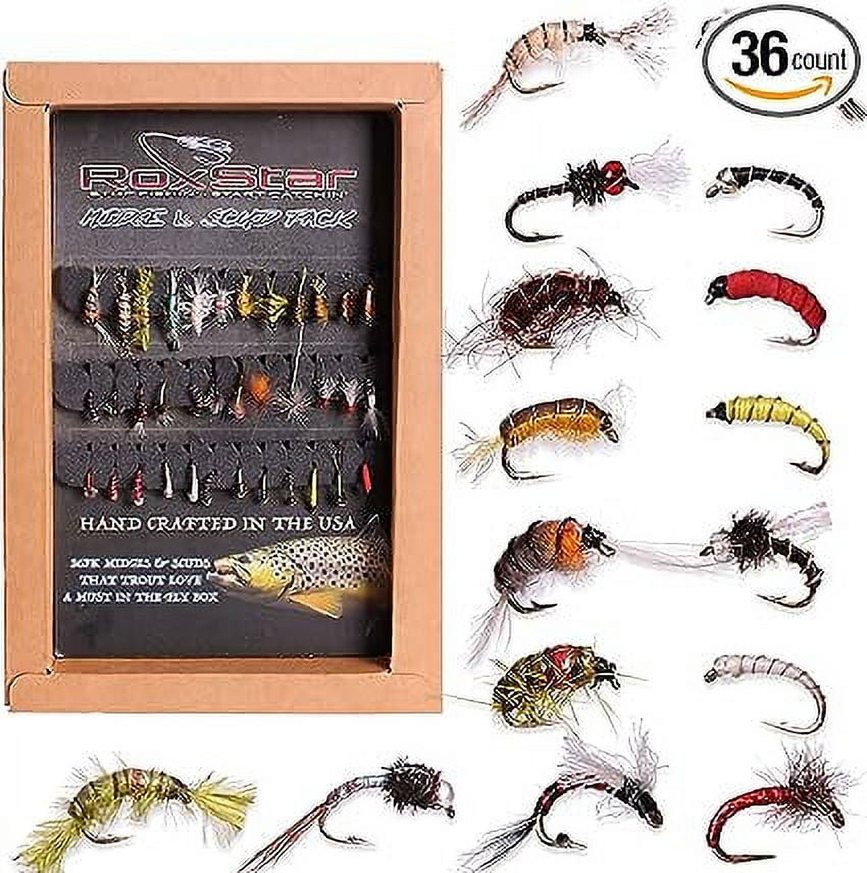 RoxStar Fly Fishing Shop | Proudly Hand Tied in The USA | Midge & Scud Trout Fly Assortment | Top 36 Producing Midge & Scud Trout Flies | Gift Box Included | (36 Pack)