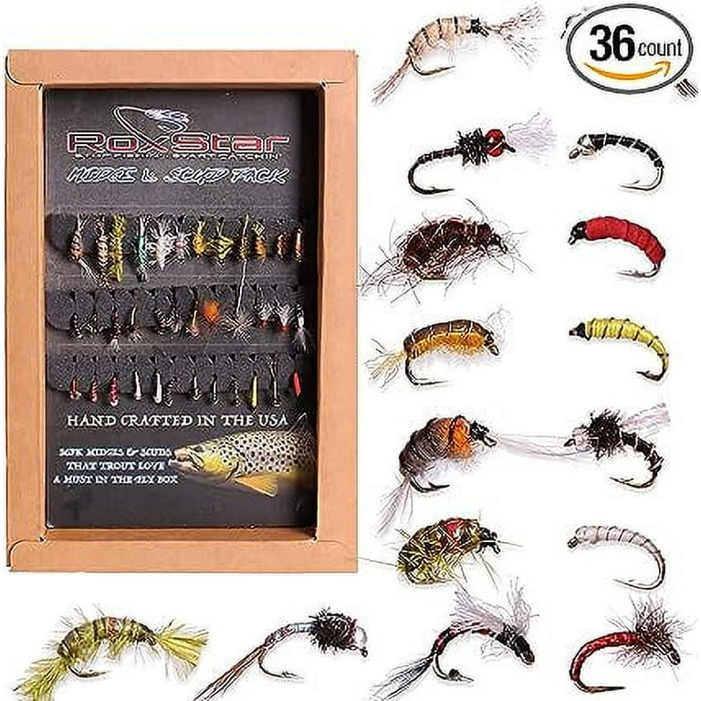 RoxStar Fly Fishing Shop | Proudly Hand Tied in The USA | Midge & Scud  Trout Fly Assortment | Top 36 Producing Midge & Scud Trout Flies | Gift Box