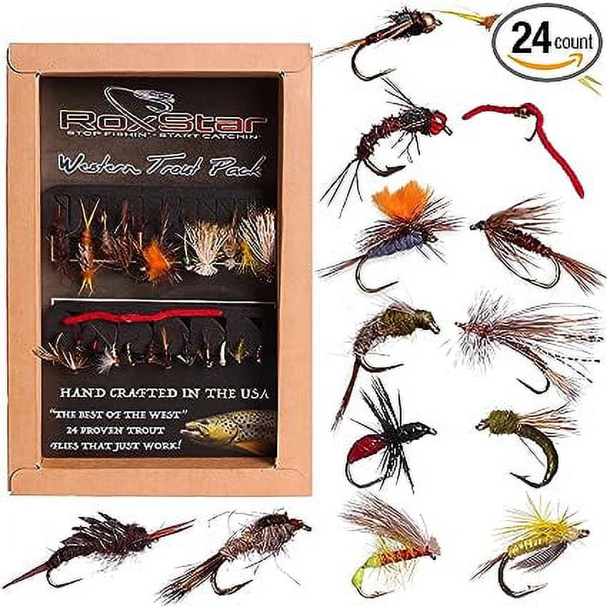 RoxStar Fishing Fly Shop, Trophy Extended 24pk, Wet & Dry Trout Flies, Gift Box Included.