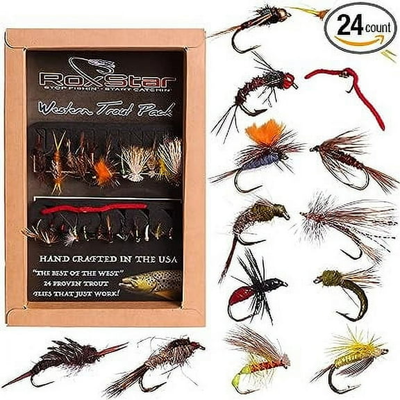 RoxStar Fly Fishing Shop | Proudly Hand Tied in The USA | Western Trout Fly Assortment | Top 24 Producing Trout Flies for The West | Gift Box Included | (24 Pack)