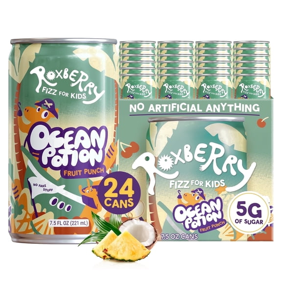 Roxberry Fruit & Veggie Fizz for Kids, Ocean Potion Fruit Punch, Sparkling Juice, 7.5 Fl Oz, No Artificial Stuff! - 24 Count Case