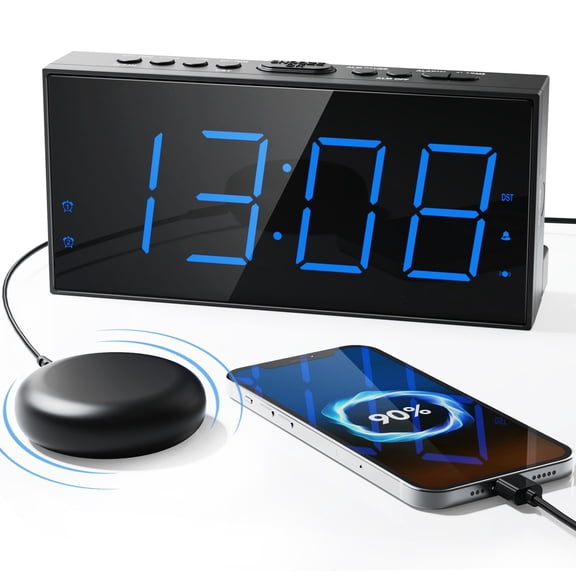 Roxicosly Loud Alarm Clock with Bed Shaker, Vibrating Alarm Clock for Heavy Sleepers/Hard of Hearing/Deaf,Dual Alarms, 7.5 Large LED Display, Dimmer, USB Charging Port, Plug-in with Memory Function