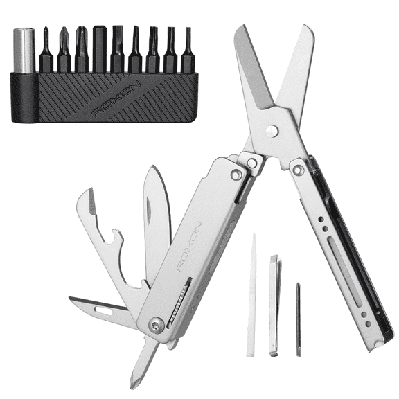 Roxon Spring Assisted Mini Multitool - 13-in-1 Folding Scissors with 9pc Bits Set - Pocket Tool