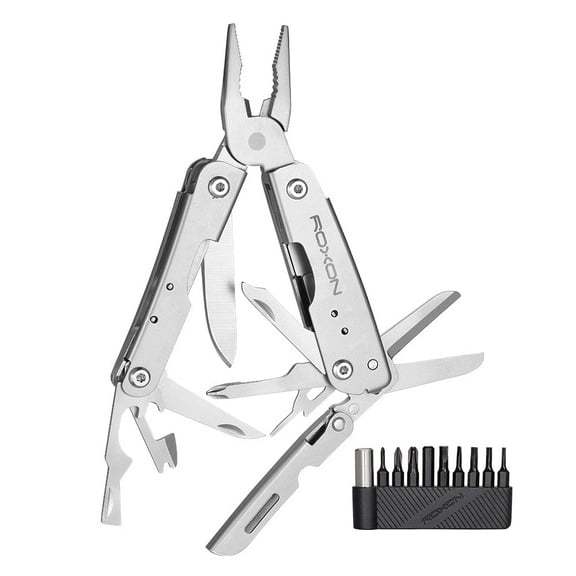 Roxon 14 in 1 Mini Multitool with Pliers - Wire Cutters - Big Scissors - 9pcs Bits Set - Glass Breaker