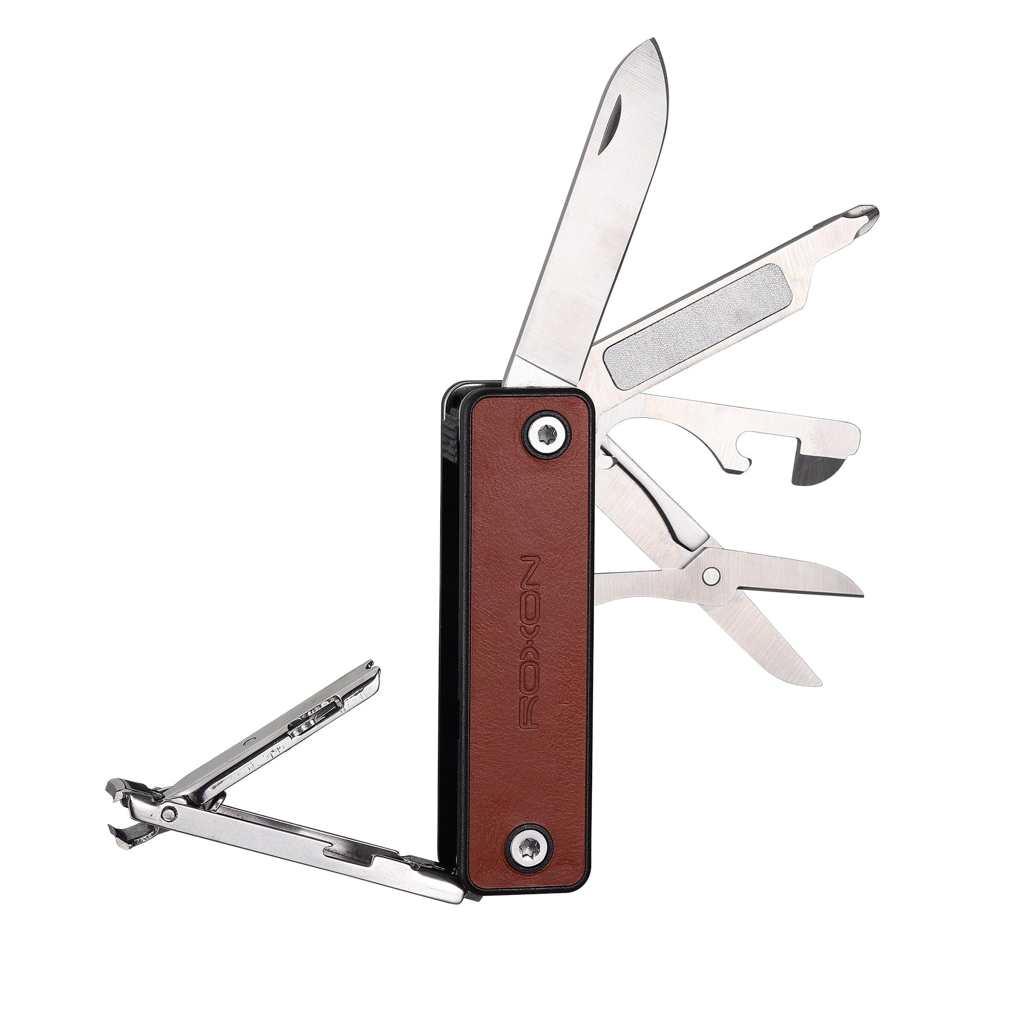 ROXON INC. Roxon 13 in 1 Mini Multitool Leather Inlay with Easy Open Nail Clippers - Safety Locks