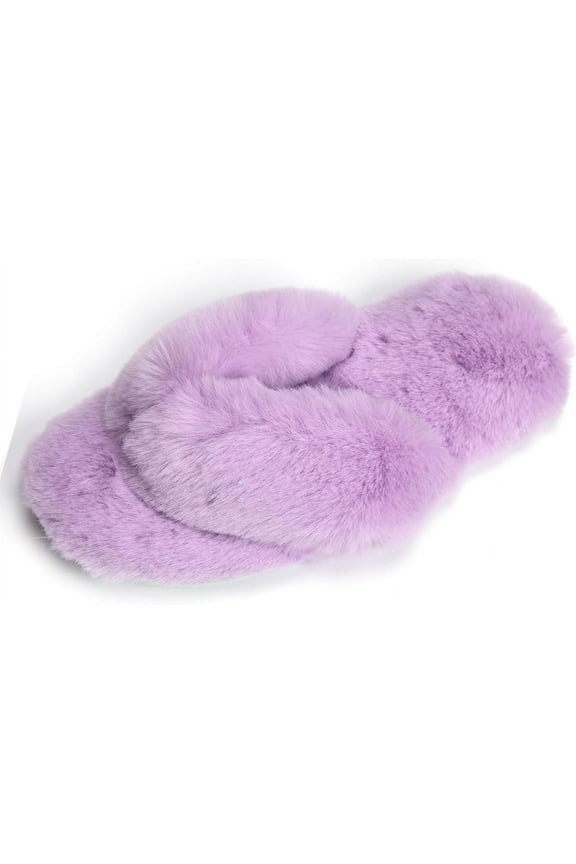 Fuzzy House Slippers for Women Comfortable Furry Spa Thongs Cozy Slip On Flip Flops Soft Insole & Rubber Outsole