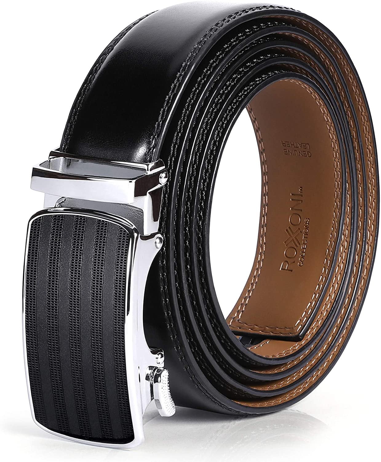 Roxoni Mens Genuine Leather Dress Adjustable Belt with Automatic Buckle ...