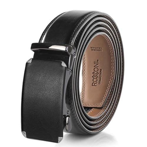 Roxoni Mens Genuine Leather Ratchet Dress Belt with Automatic Buckle, Enclosed in an Elegant Gift Box