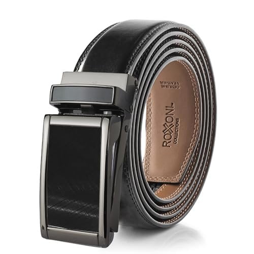 Roxoni Mens Genuine Leather Ratchet Dress Belt with Automatic Buckle, Enclosed in an Elegant Gift Box