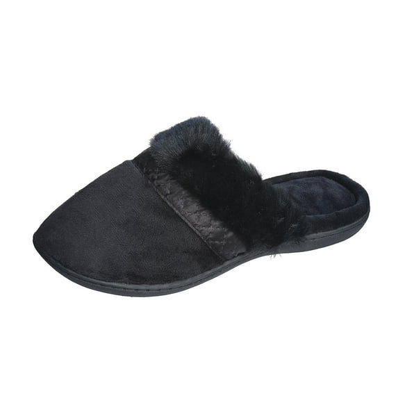 Roxoni Woman's Velour Clog Slipper With Band and Plush Fur Trim (Medium/7.5-8, Black)